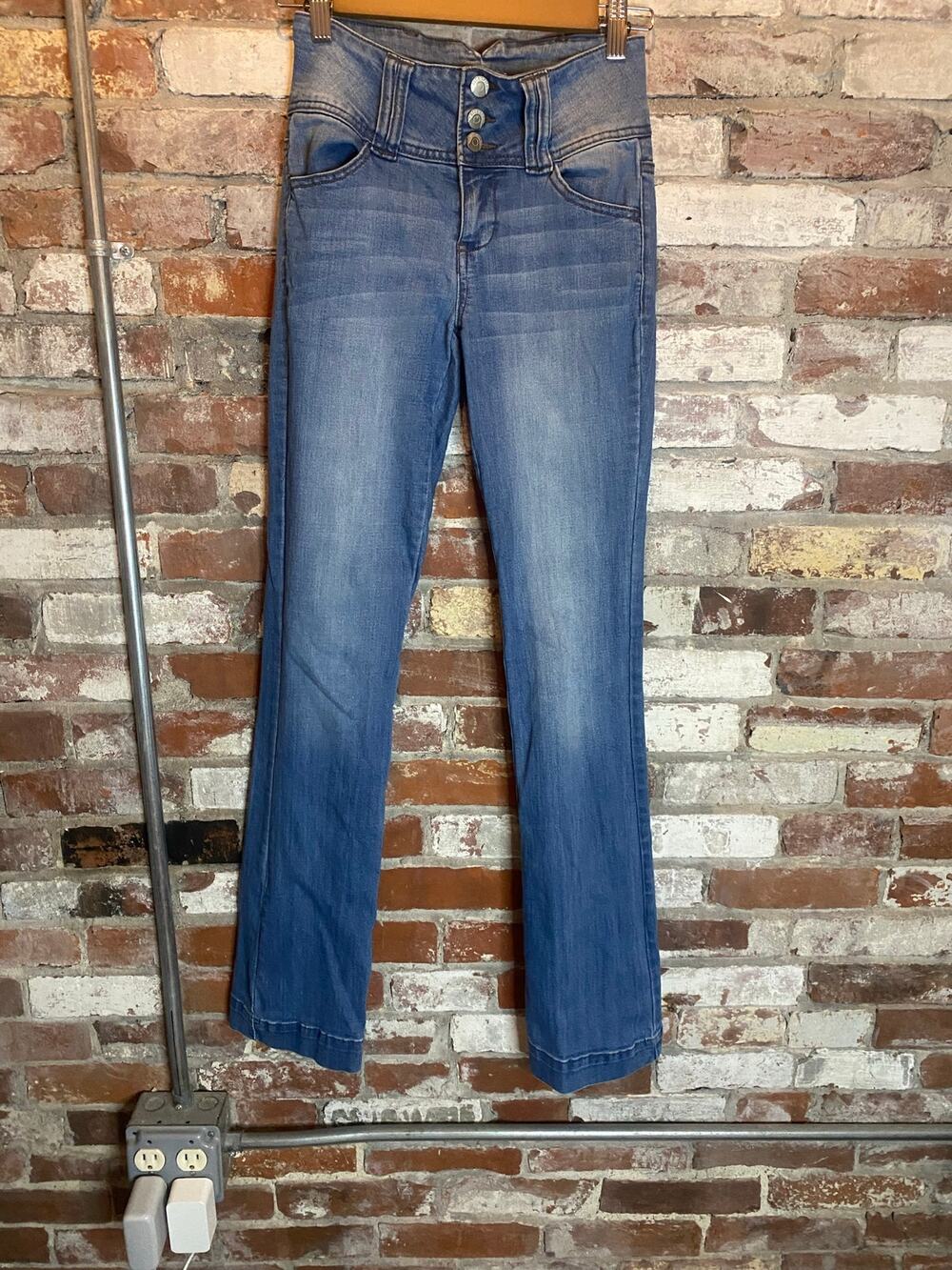 Blue Spice High Rise Button Fly Flare Jeans Medium Wash Size 1 Stretch Y2K
